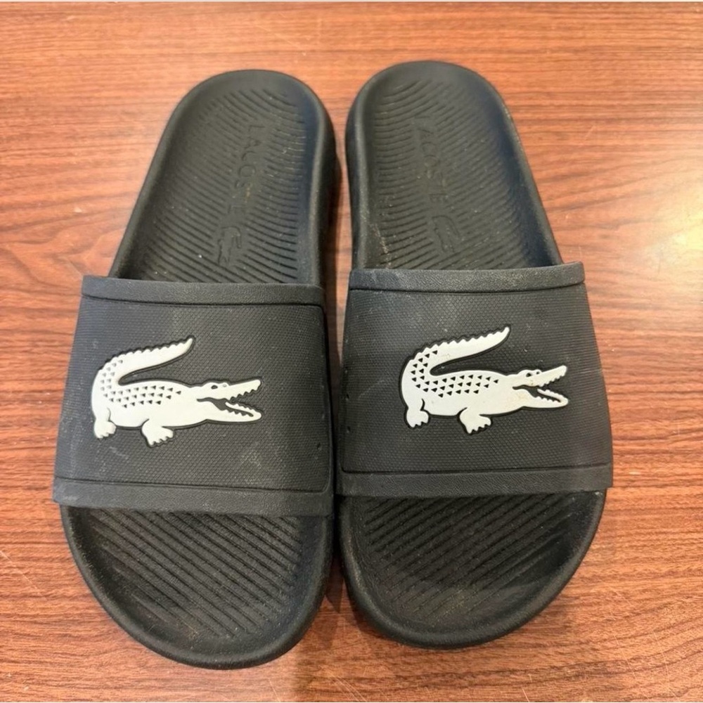 Lacoste Black Slides with White Crocodile Emblem size 9